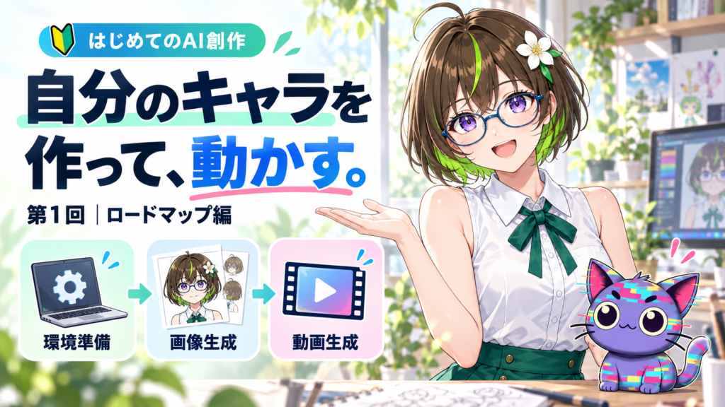 自分のキャラを作って、動かす。第1回ロードマップ編。ざすことジェネコが環境準備・画像生成・動画生成の流れを案内するイラスト