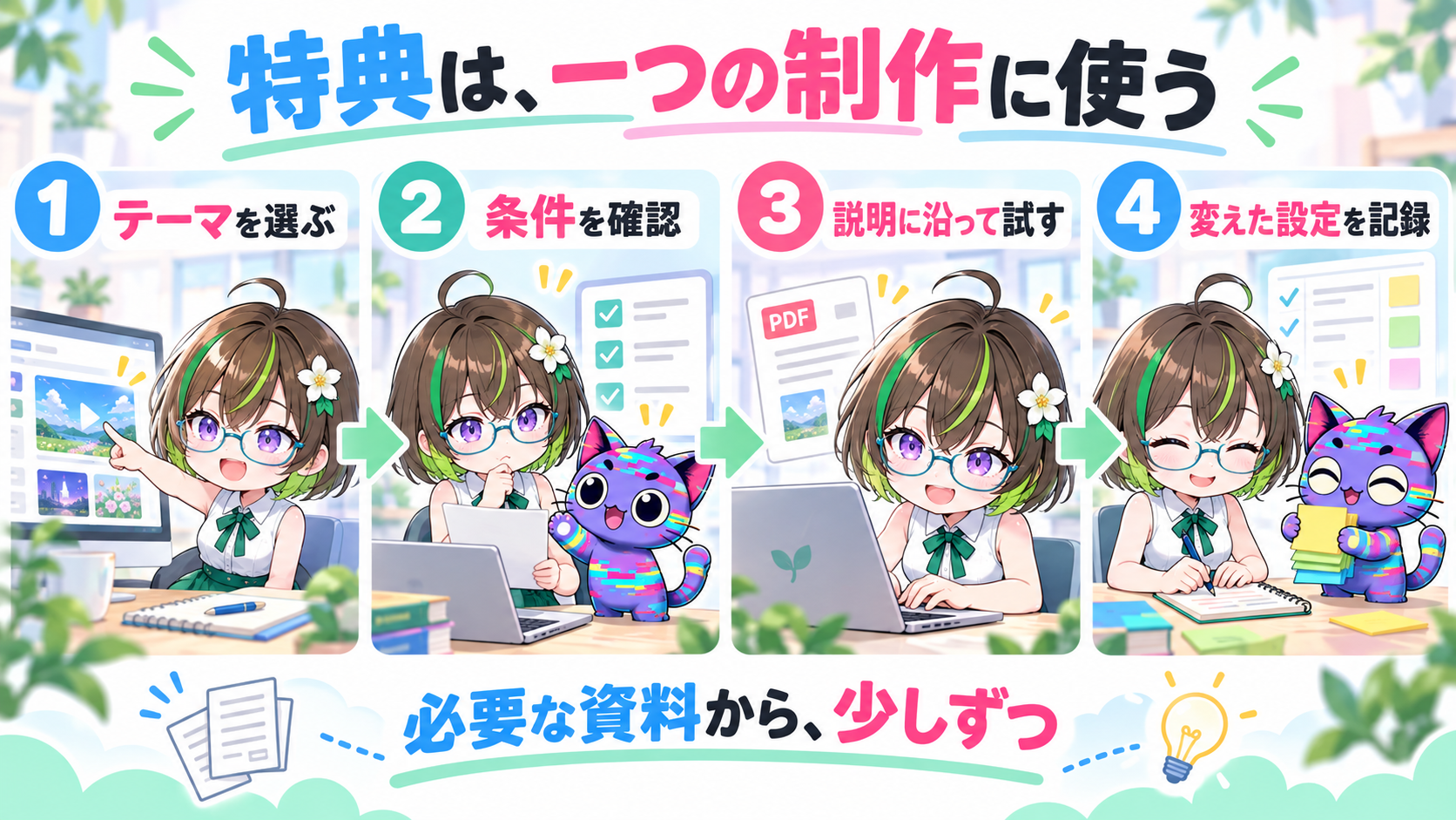 テーマ選び、条件確認、説明に沿った試行、変更設定の記録という特典活用の4段階