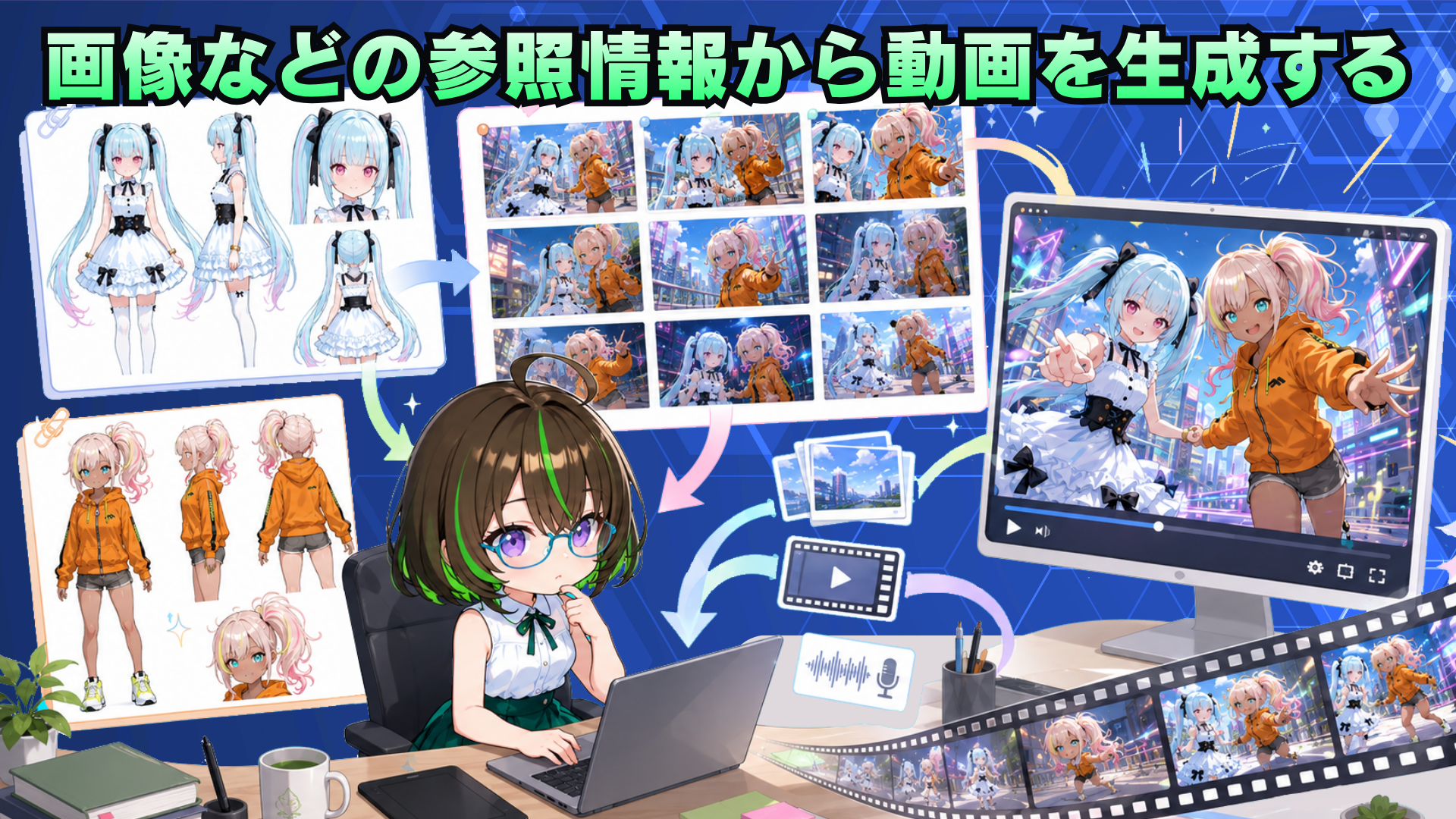 ざすこがメイとリズのキャラクターシートや場面資料を使い、動画へつなぐ既存スライド