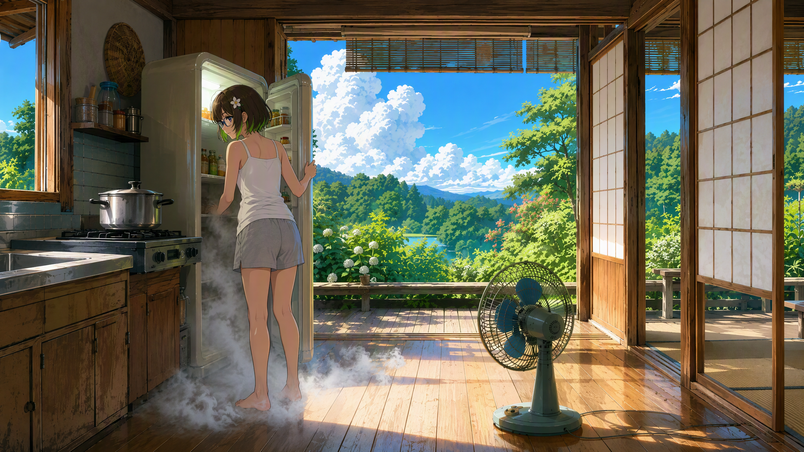 ①料理動画に渡した、古民家の冷蔵庫の前に立つざすこの開始画像