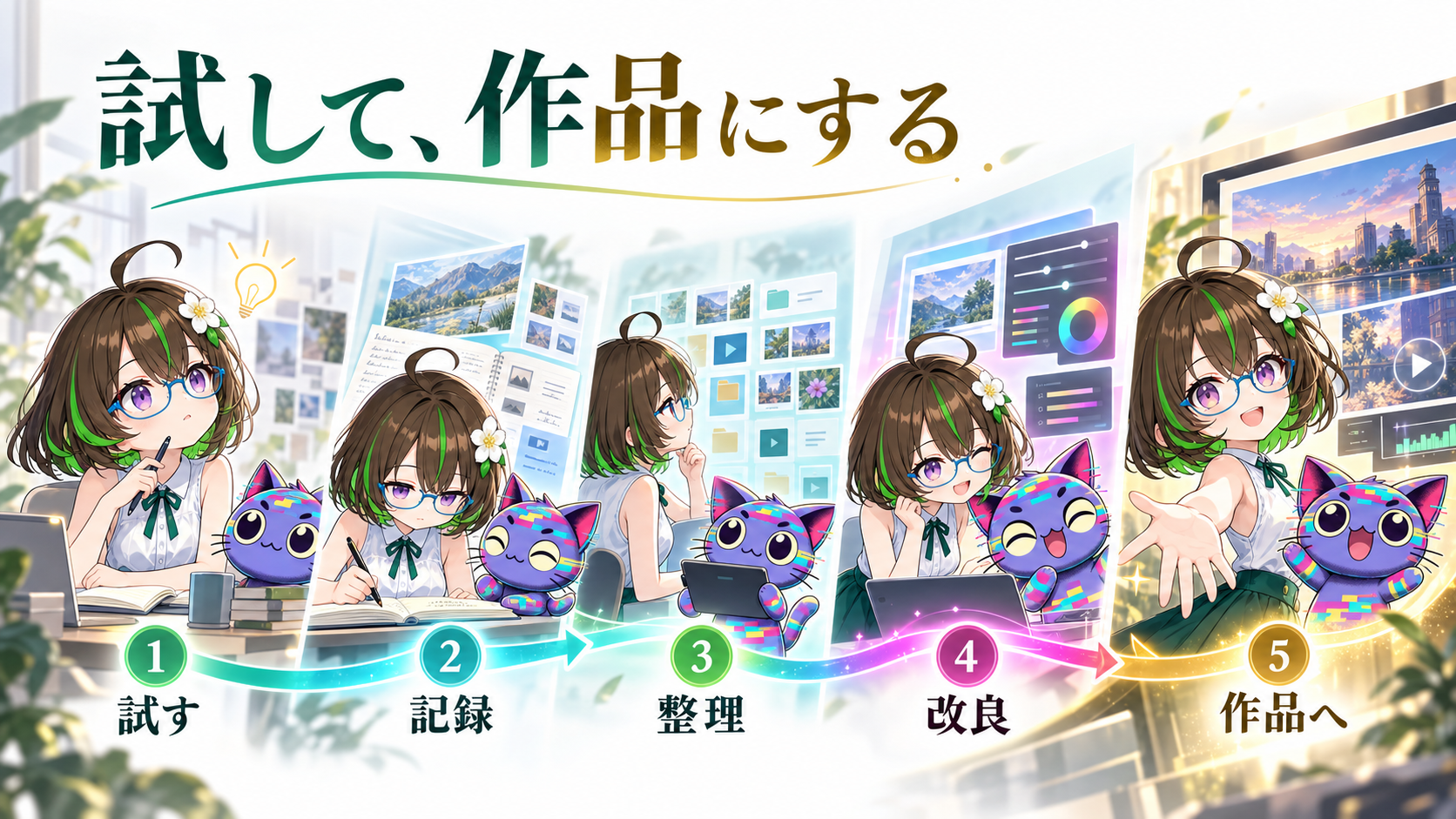 試す、記録、整理、改良、作品へという5段階の活動の流れ
