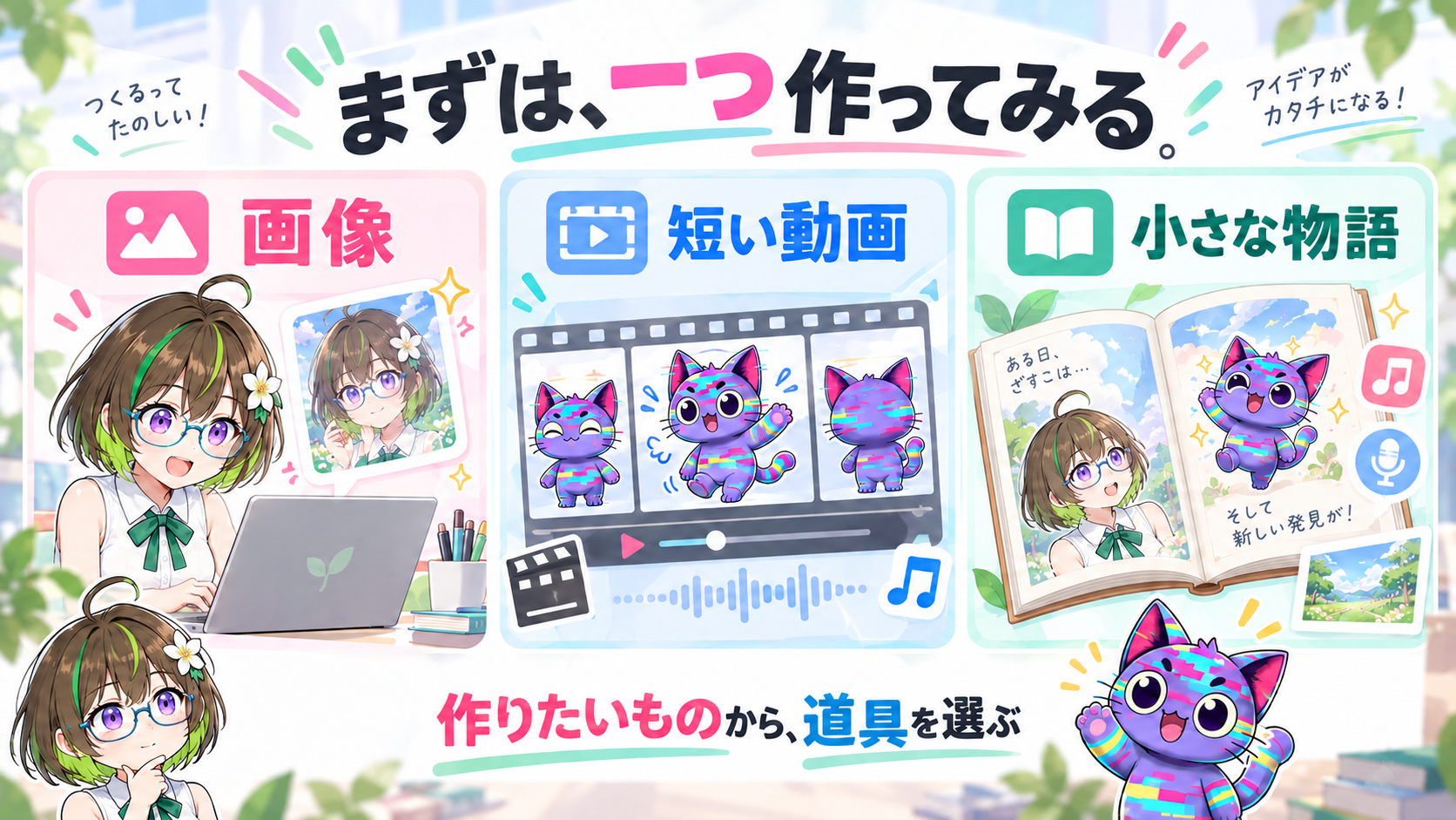 画像、短い動画、小さな物語から作りたいものを選ぶ