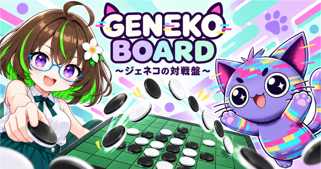 GenekoBoard～ジェネコの対戦盤～。ざすことジェネコがリバーシ盤を囲むイラスト