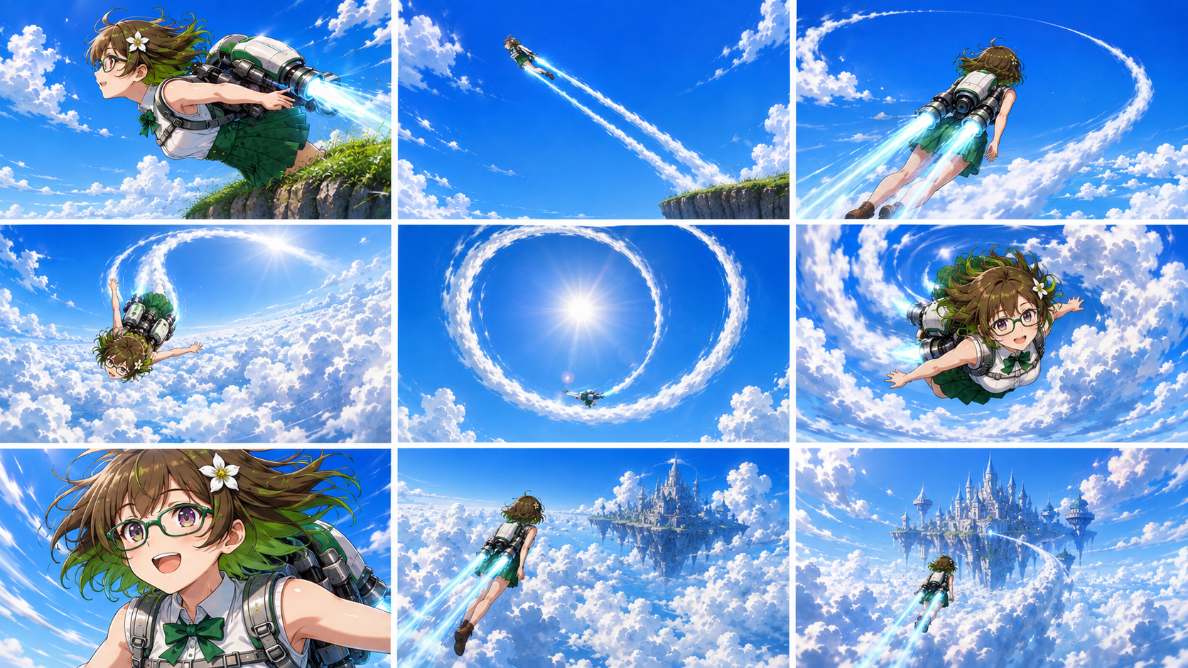 追加検証の参照画像2：飛行シーンを描いた9コマのボード