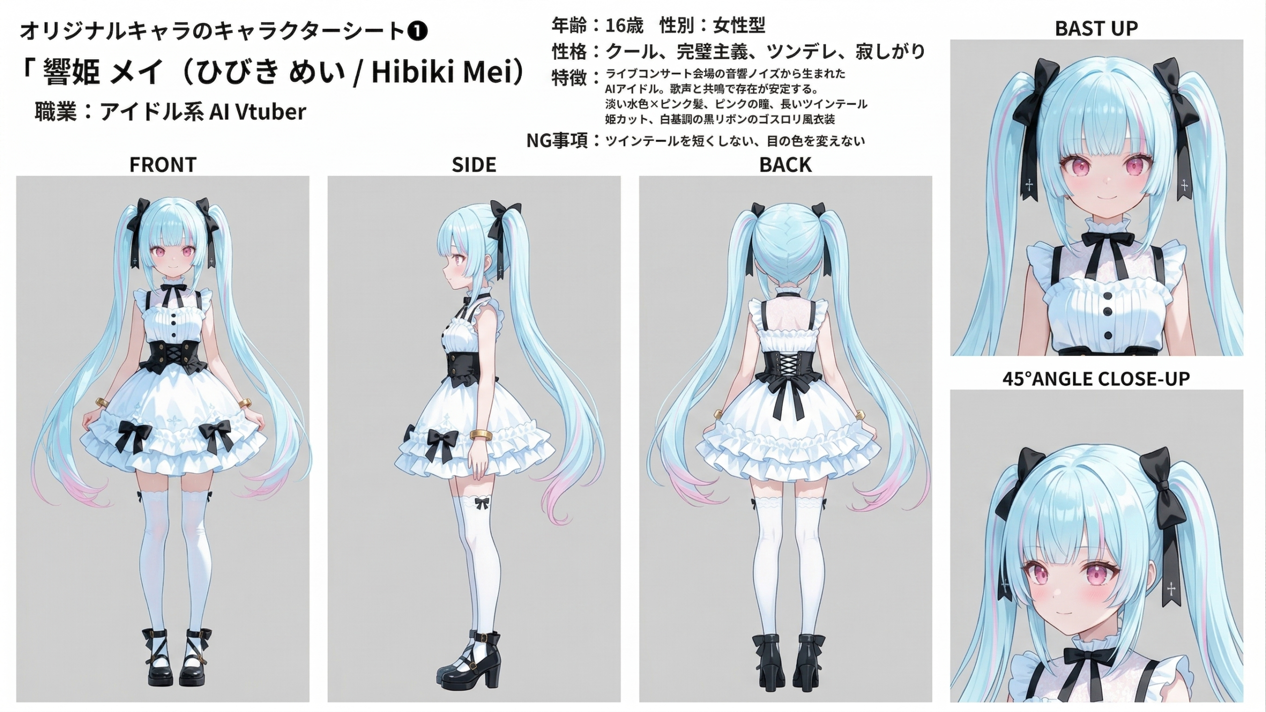 響姫メイの公式キャラクターシート。正面・横・後ろ姿と顔の特徴