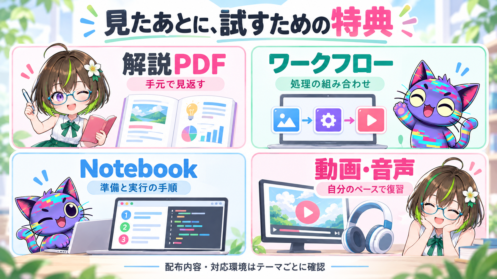 解説PDFは見返し、ワークフローは処理の組み合わせ、Notebookは準備と実行、動画と音声は復習に使う