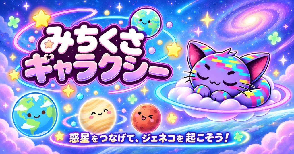 みちくさギャラクシーのロゴと、眠る紫色のジェネコ、笑顔の惑星を描いた紹介イラスト