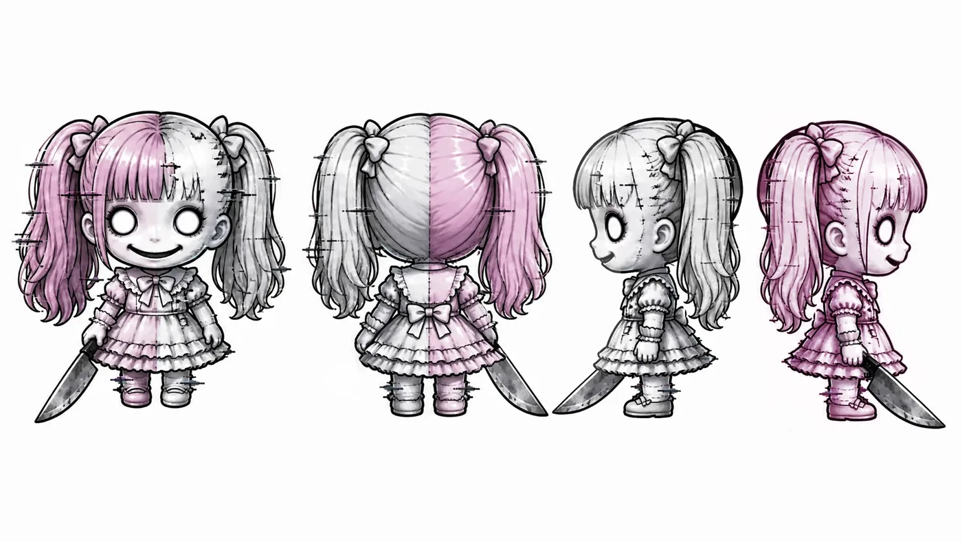 ワンガールの4カット。正面・背面・左右の側面を水平の目線で描いたもの