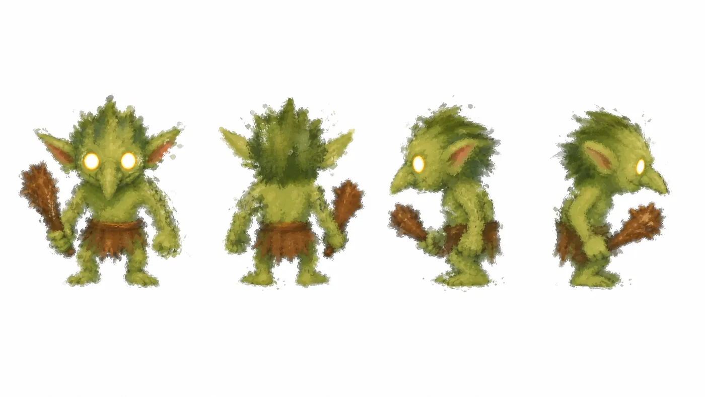 ローステップゴブのキャラシート。正面・背面・左右の側面の4カット