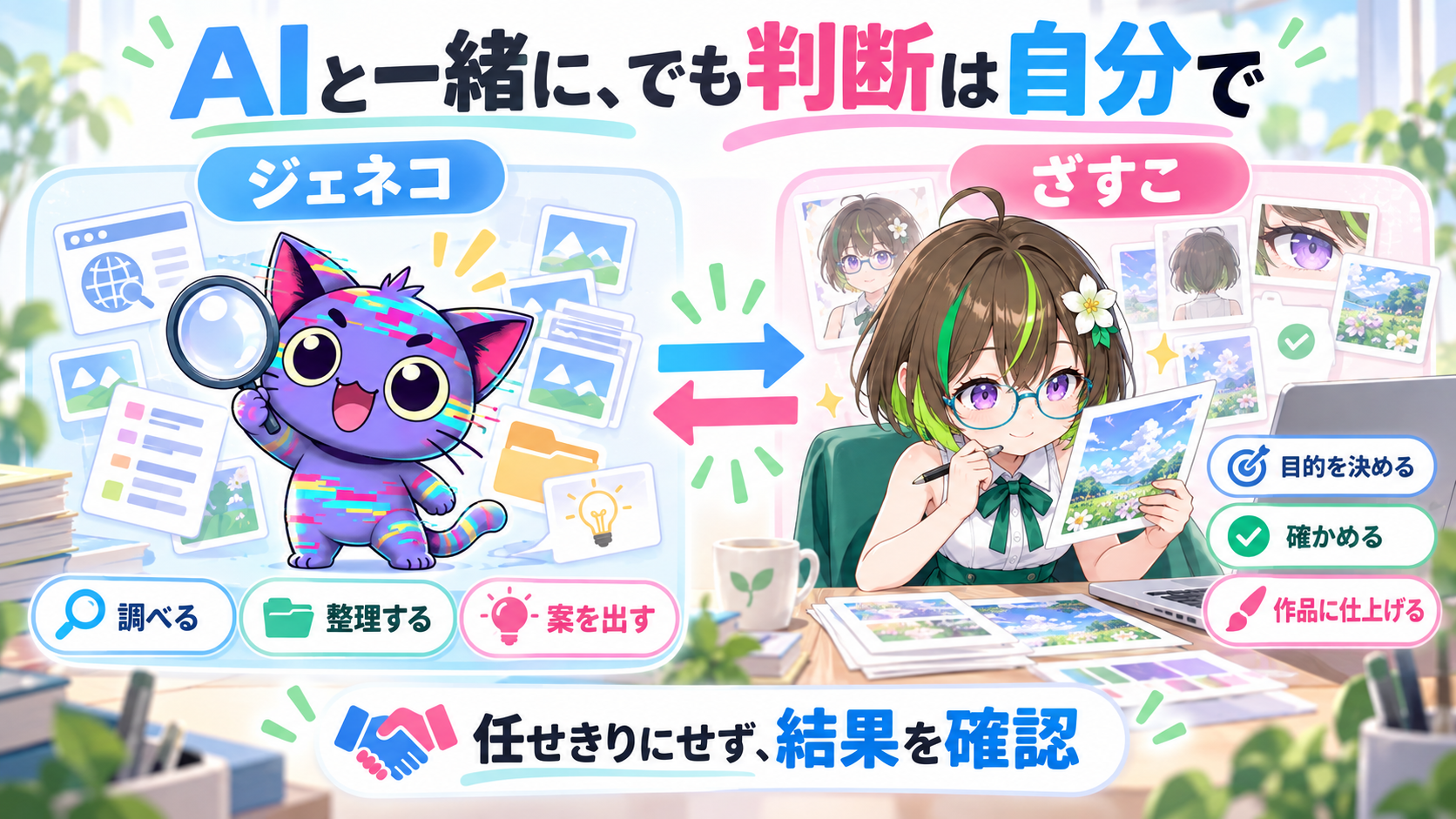 ジェネコが調査、整理、提案を助け、ざすこが目的決定、確認、作品の仕上げを担当する