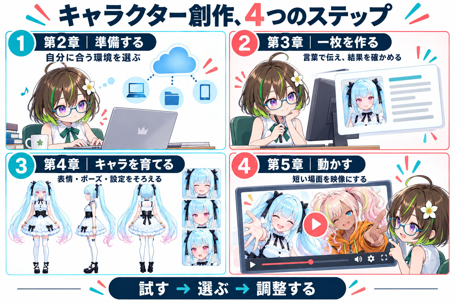 ざすこが環境を準備し、画像を作り、メイの設定を整理し、リズとメイの動画へ進む4段階の説明図