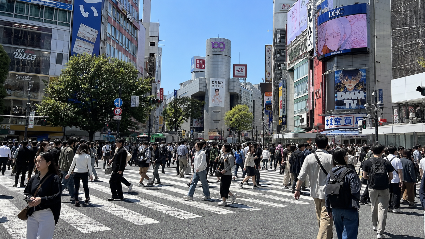 渋谷の街並みと横断歩道を描いた背景イメージ