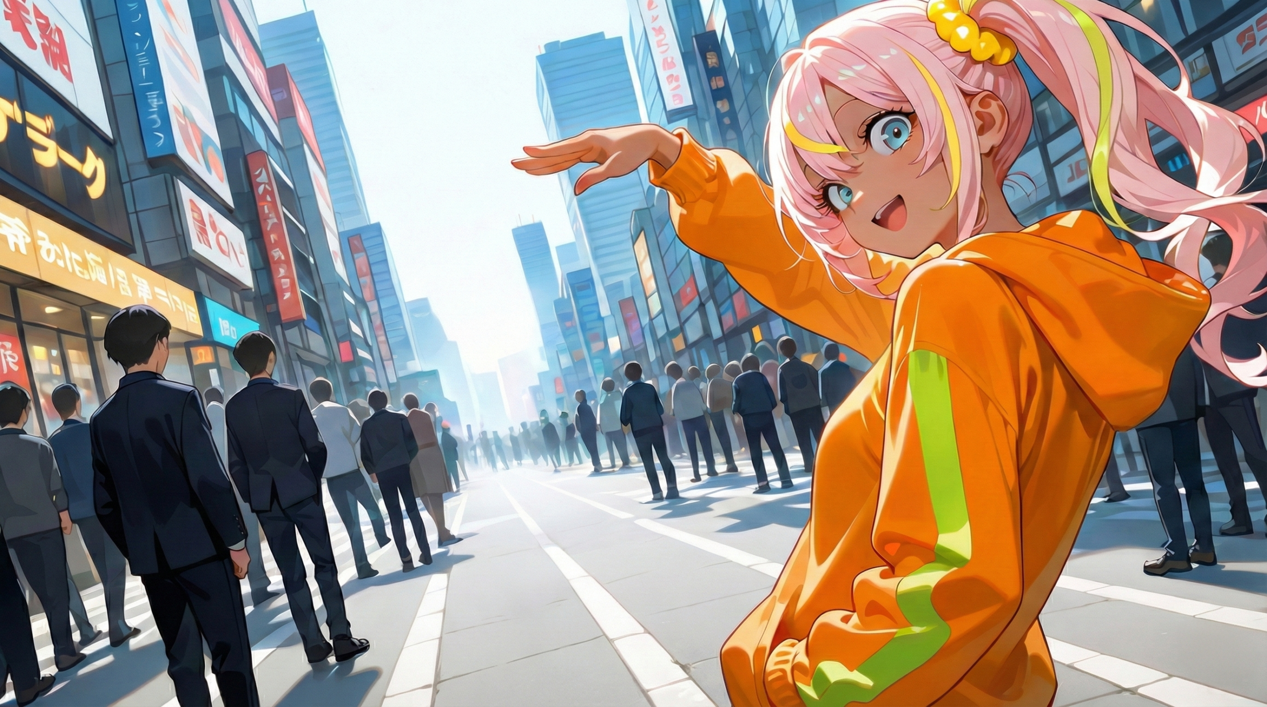 にぎやかな街で手を上げるリズのイラスト
