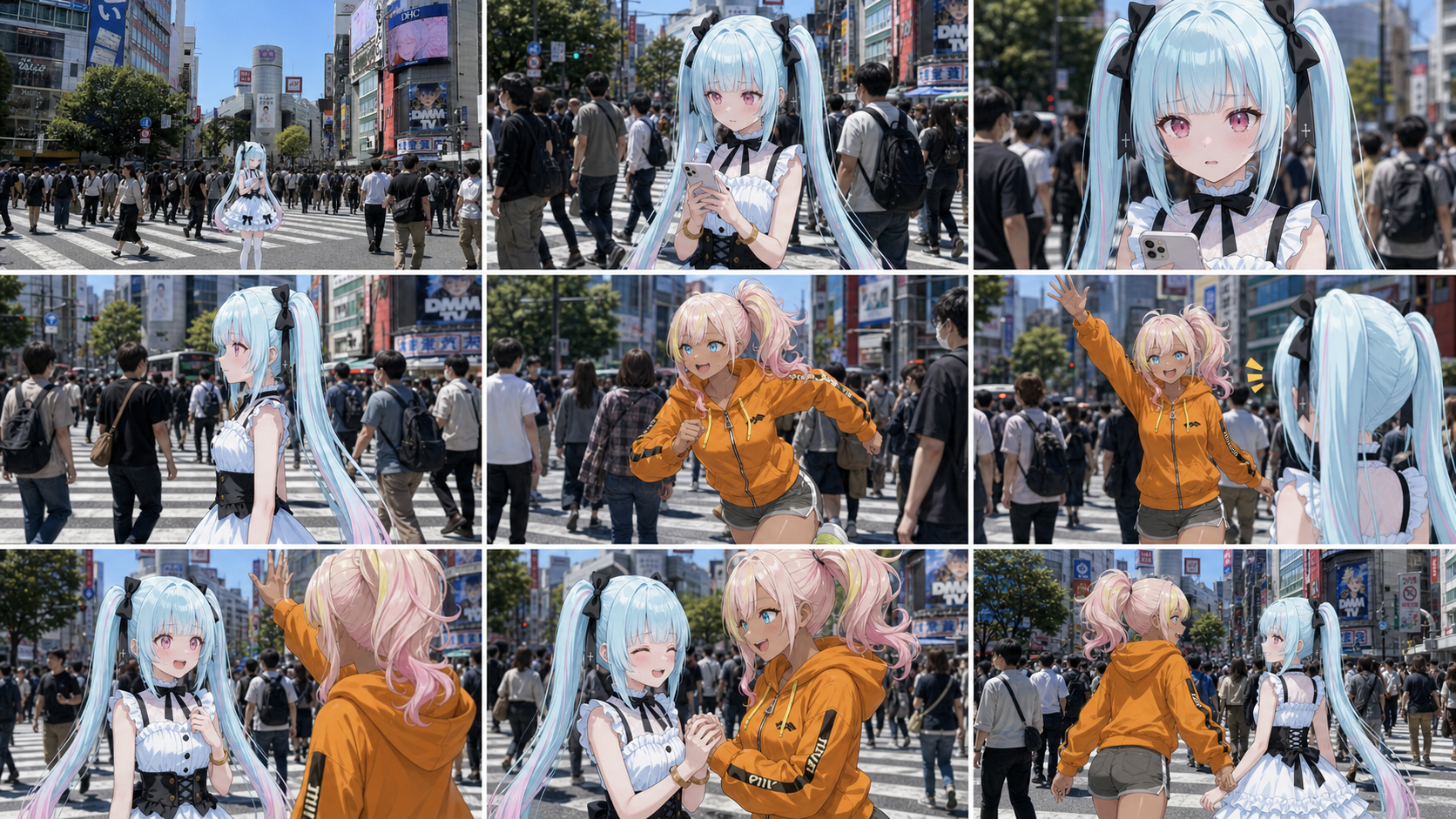 メイが待ち、リズと出会い、一緒に歩き出す9コマの絵コンテ
