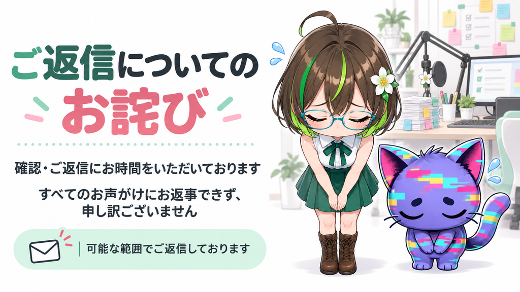 ご返信についてのお詫び。汗を浮かべてお辞儀するざすことジェネコ、背後には書類や付箋のある配信机。