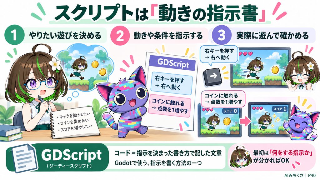 スクリプトは動きや条件の指示。コードは、それを決まった書き方で記した文章。 ①やりたい遊びを決める。②動きや条件を指示する。③実際に遊んで確かめる。右キーを押す → 右へ動く。コインに触れる → 点数を1増やす。コード＝指示を決まった書き方で記した文章。GDScript（ジーディースクリプト）。Godotで使う、指示を書く方法の一つ。最初は「何をする指示か」が分かればOK