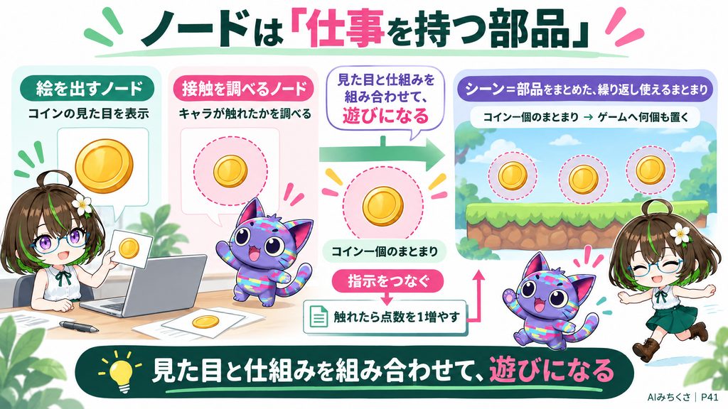 絵を出す部品と接触を調べる部品を組み合わせ、指示をつなぐ。まとまりをシーンとして繰り返し使う。 絵を出すノード。コインの見た目を表示。接触を調べるノード。キャラが触れたかを調べる。指示をつなぐ。触れたら点数を1増やす。シーン＝部品をまとめた、繰り返し使えるまとまり。コイン一個のまとまり → ゲームへ何個も置く。見た目と仕組みを組み合わせて、遊びになる