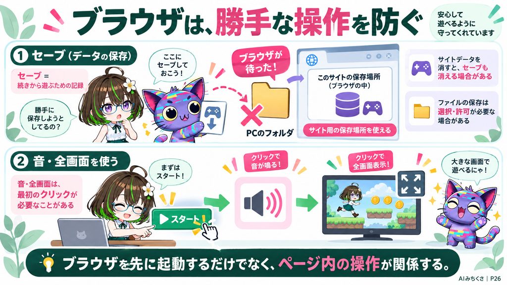 ブラウザは、勝手な操作を防ぐ。セーブ＝続きから遊ぶための記録、サイト用の保存場所を使える、サイトデータを消すと、セーブも消える場合がある、ファイル保存は選択・許可が必要な場合がある、音・全画面は、最初のクリックが必要なことがある。ブラウザを先に起動するだけでなく、ページ内の操作が関係する。