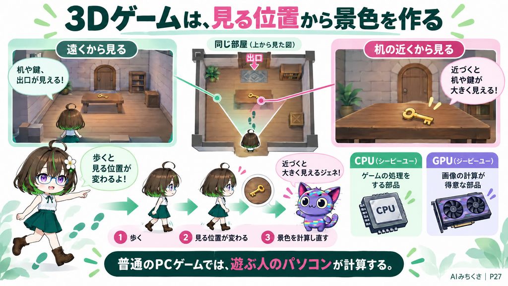 3Dゲームは、見る位置から景色を作る。3D（スリーディー）＝奥行きのある空間、立体の机・鍵・出口を置く、歩く→見る位置が変わる→景色を計算し直す、CPU（シーピーユー）＝ゲームの処理をする部品、GPU（ジーピーユー）＝画像の計算が得意な部品。普通のPCゲームでは、遊ぶ人のパソコンが計算する。