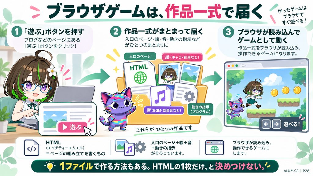 ブラウザゲームは、作品一式で届く。HTML（エイチティーエムエル）＝ページの組み立てを書くもの、入口のページ＋絵＋音＋動きの指示、ブラウザが読み込み、操作できるゲームにする。1ファイルで作る方法もある。HTMLの1枚だけ、と決めつけない。