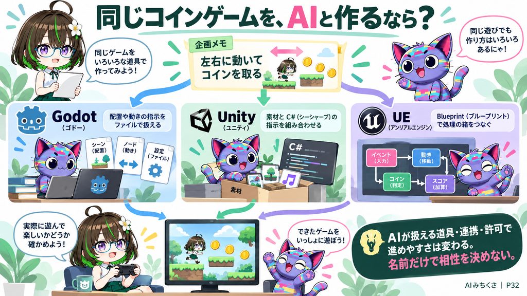 同じコインゲームを、AIと作るなら？。Godot（ゴドー）、配置や動きの指示をファイルで扱える、Unity（ユニティ）、素材とC#（シーシャープ）の指示を組み合わせる、UE（アンリアルエンジン）、Blueprint（ブループリント）で処理の箱をつなぐ。AIが扱える道具・連携・許可で進めやすさは変わる。名前だけで相性を決めない。