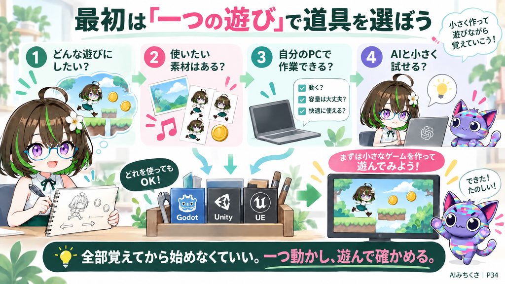最初は「一つの遊び」で道具を選ぼう。①どんな遊びにしたい？、②使いたい素材はある？、③自分のPCで作業できる？、④AIと小さく試せる？。全部覚えてから始めなくていい。一つ動かし、遊んで確かめる。