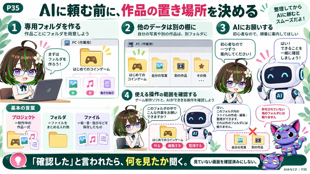 AIに頼む前に、作品の置き場所を決める。プロジェクト＝制作中の作品一式、フォルダ＝ファイルをまとめる入れ物、ファイル＝絵・音・指示などを保存したもの、ゲーム制作ソフトとAIの使える操作を確認する。「確認した」と言われたら、何を見たか聞く。見ていない画面を確認済みにしない。