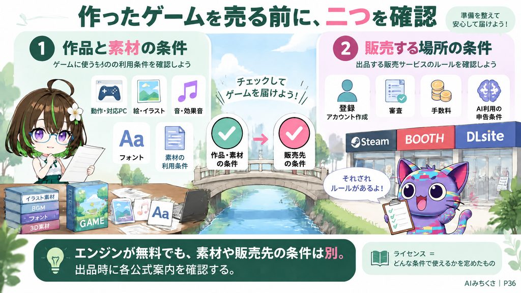 作ったゲームを売る前に、二つを確認。①作品と素材、動作・対応PC・絵・音・フォントの利用条件、②販売する場所、登録・審査・手数料・AI利用の申告条件、ライセンス＝どんな条件で使えるかを定めたもの。エンジンが無料でも、素材や販売先の条件は別。出品時に各公式案内を確認する。