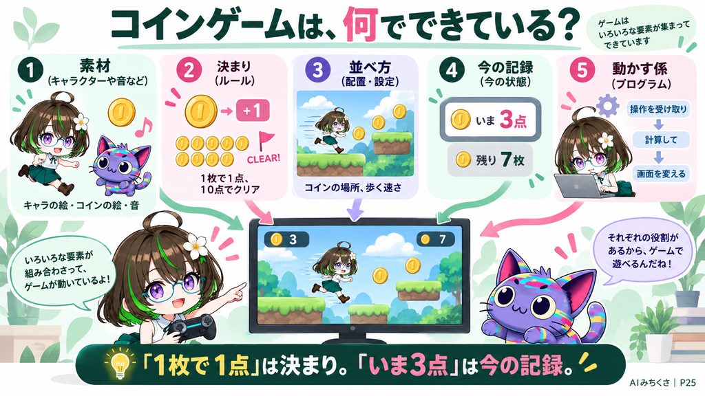 コインゲームは、何でできている？。素材＝キャラの絵・コインの絵・音、ルール＝1枚で1点、10点でクリア、配置・設定＝コインの場所、歩く速さ、今の状態＝いま3点、残り7枚、動かす仕組み＝操作を受け取り、計算して画面を変える。「1枚で1点」は決まり。「いま3点」は今の記録。