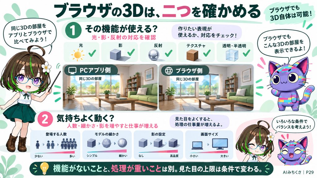 ブラウザの3Dは、二つを確かめる。①その機能が使える？、光・影・反射の対応を確認、②気持ちよく動く？、人数・細かさ・影を増やすと仕事が増える、ブラウザでも3Dゲームは作れる。機能がないことと、処理が重いことは別。見た目の上限は条件で変わる。