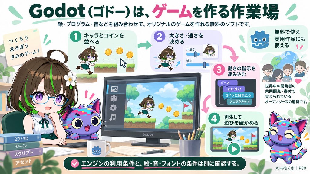 Godot（ゴドー）は、ゲームを作る作業場。キャラとコインを並べる、大きさ・速さを決める、動きの指示を組み込む、再生して遊びを確かめる、無料で使え、商用作品にも使える。エンジンの利用条件と、絵・音・フォントの条件は別に確認する。