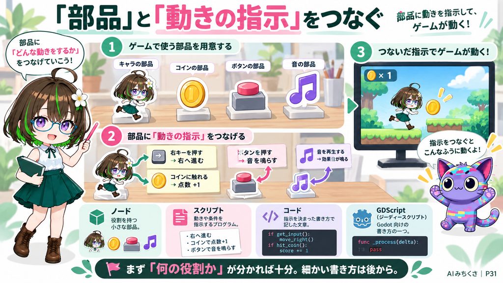「部品」と「動きの指示」をつなぐ。ノード＝役割を持つ小さな部品、スクリプト＝動きや条件を指示するプログラム、コード＝指示を決まった書き方で記した文章、GDScript（ジーディースクリプト）＝Godot向けの書き方の一つ。まず「何の役割か」が分かれば十分。細かい書き方は後から。