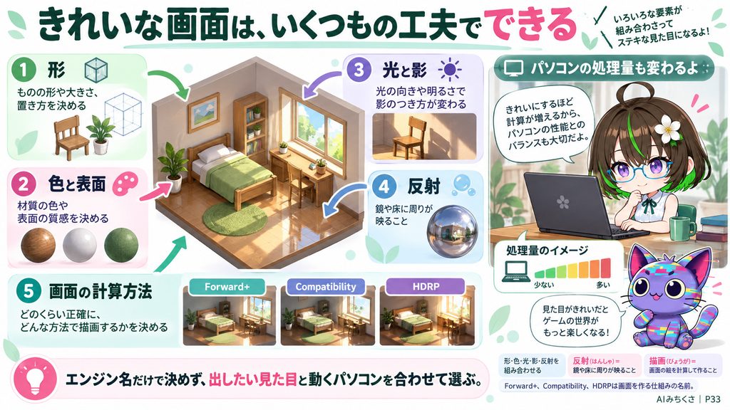きれいな画面は、いくつもの工夫でできる。形・色・光・影・反射を組み合わせる、反射（はんしゃ）＝鏡や床に周りが映ること、描画（びょうが）＝画面の絵を計算して作ること、Forward+、Compatibility、HDRPは画面を作る仕組みの名前。エンジン名だけで決めず、出したい見た目と動くパソコンを合わせて選ぶ。
