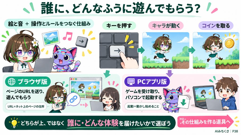 絵と音に操作とルールをつなぐ仕組みを加え、ブラウザ版やPCアプリ版へ整える。相手の体験から選ぶ。 絵と音 ＋ 操作とルールをつなぐ仕組み。キーを押す→キャラが動く→コインを取る。ブラウザ版。ページのURLを送り、遊んでもらう。URL＝ネット上のページの住所。PCアプリ版。ゲームを受け取り、パソコンで起動する。起動＝動かし始めること。どちらが上、ではなく。誰に・どんな体験を届けたいかで選ぼう。次は、その仕組みを作る道具へ
