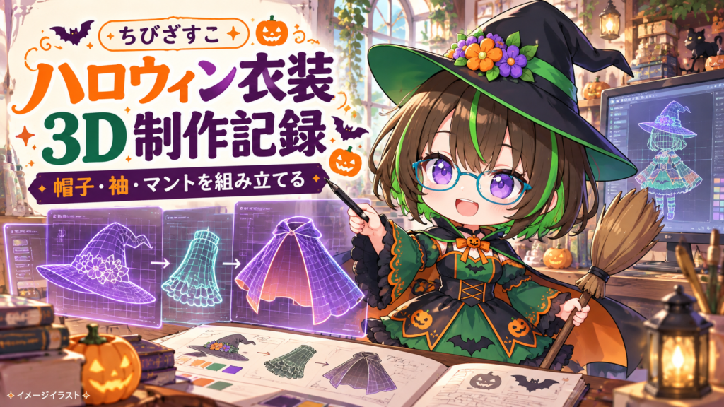 ハロウィン衣装のちびざすこが、帽子・袖・マントの3Dパーツを組み立てる魔法工房。制作記録のイメージイラスト