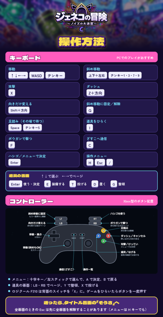 操作方法（キーボード・道具の画面・コントローラー）