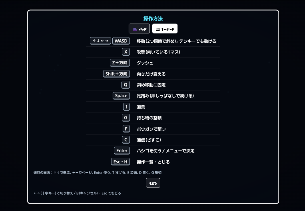 ゲーム内のキーボード操作説明画面